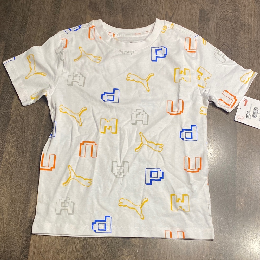 Puma White T-Shirt with Yellow, Blue, and Gray Graphics